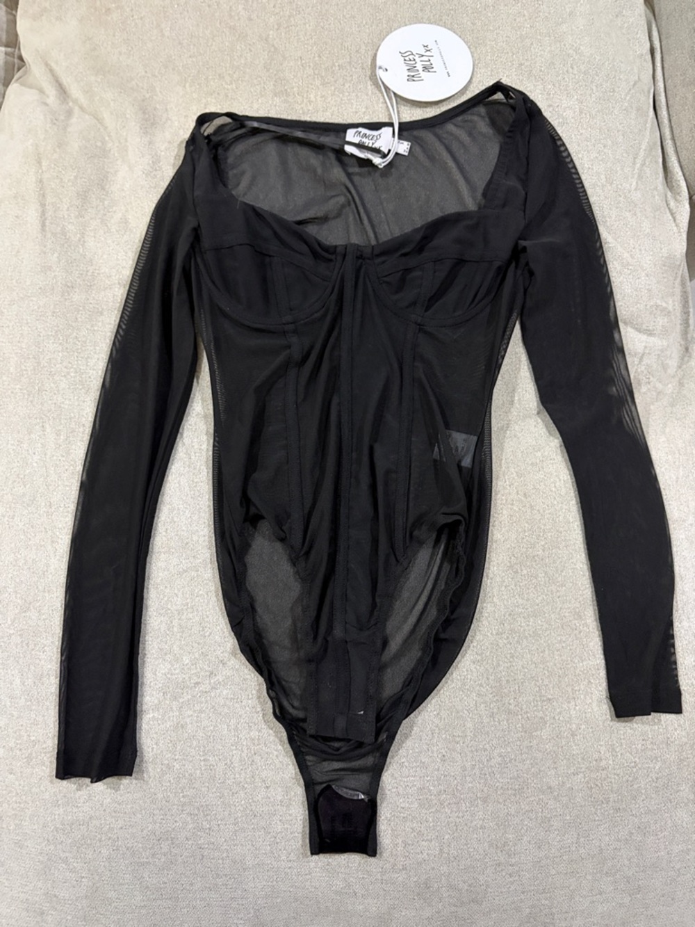 Princess Polly Black Sheer Long-Sleeve Mesh Bodysuit with Underwire